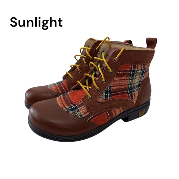Alegria Kylie Womens Leather & Plaid Lace-Up Ankle Boots SZ 38 Brown/Multicolor - Picture 1 of 15